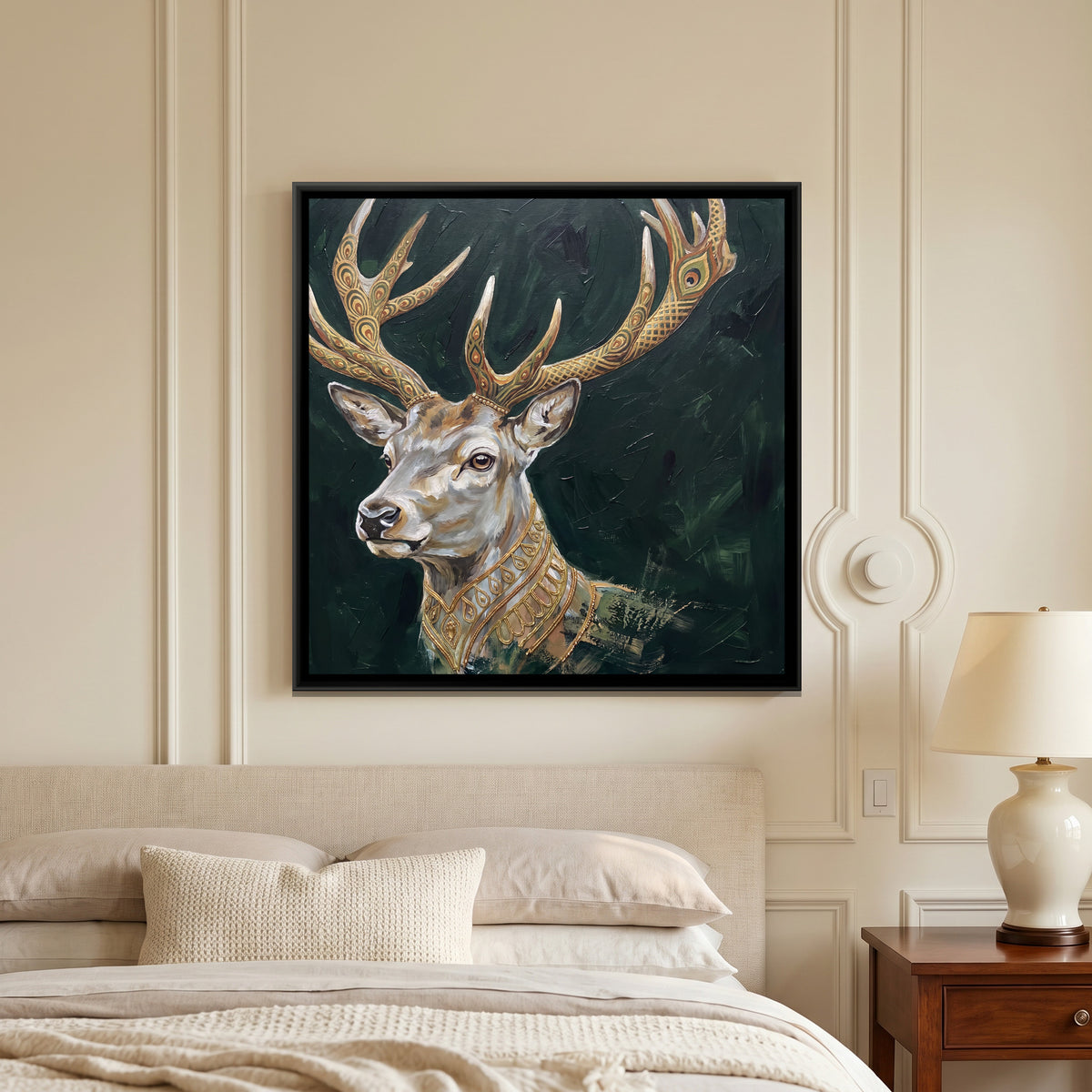 Stag — canvas art shown in a styled room