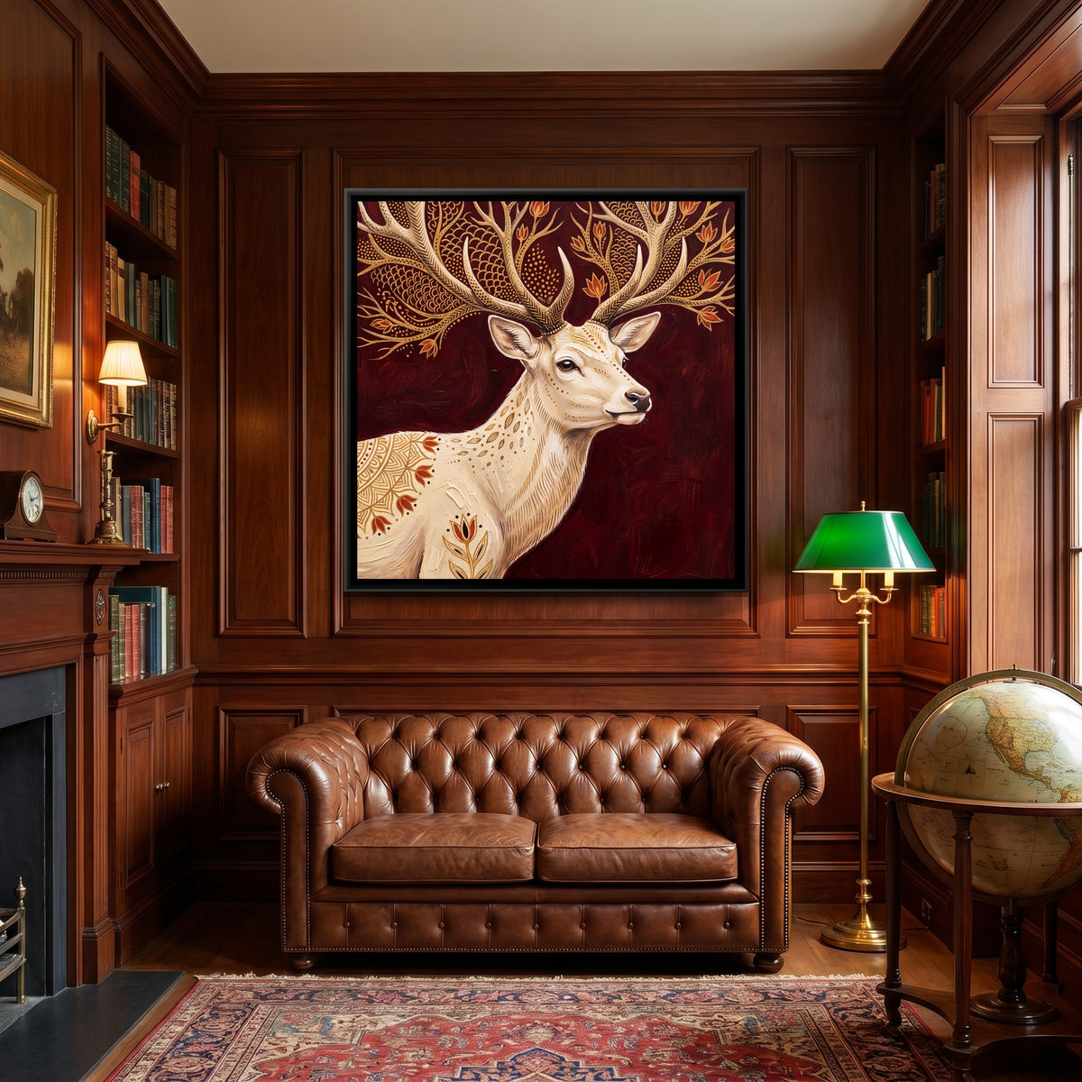 Stag — canvas art shown in a styled room