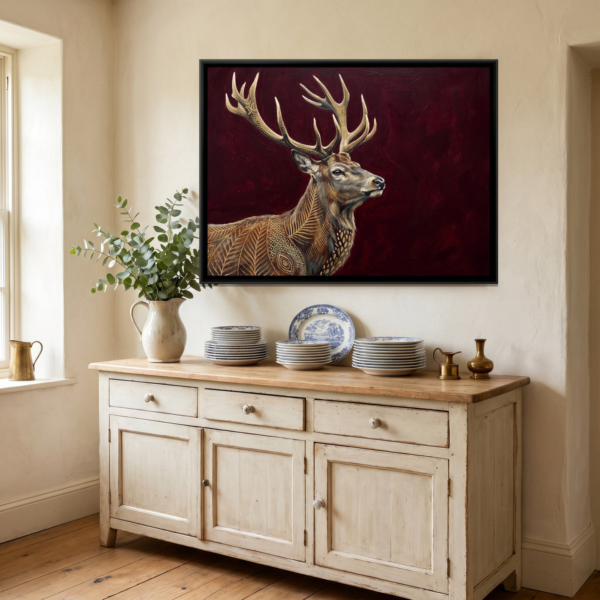 Stag — canvas art shown in a styled room