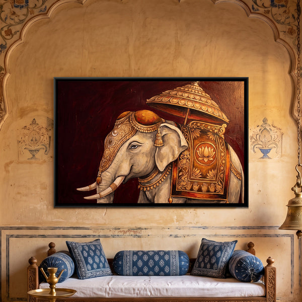 Royal Elephant with Parasol — framed canvas art hung on a wall