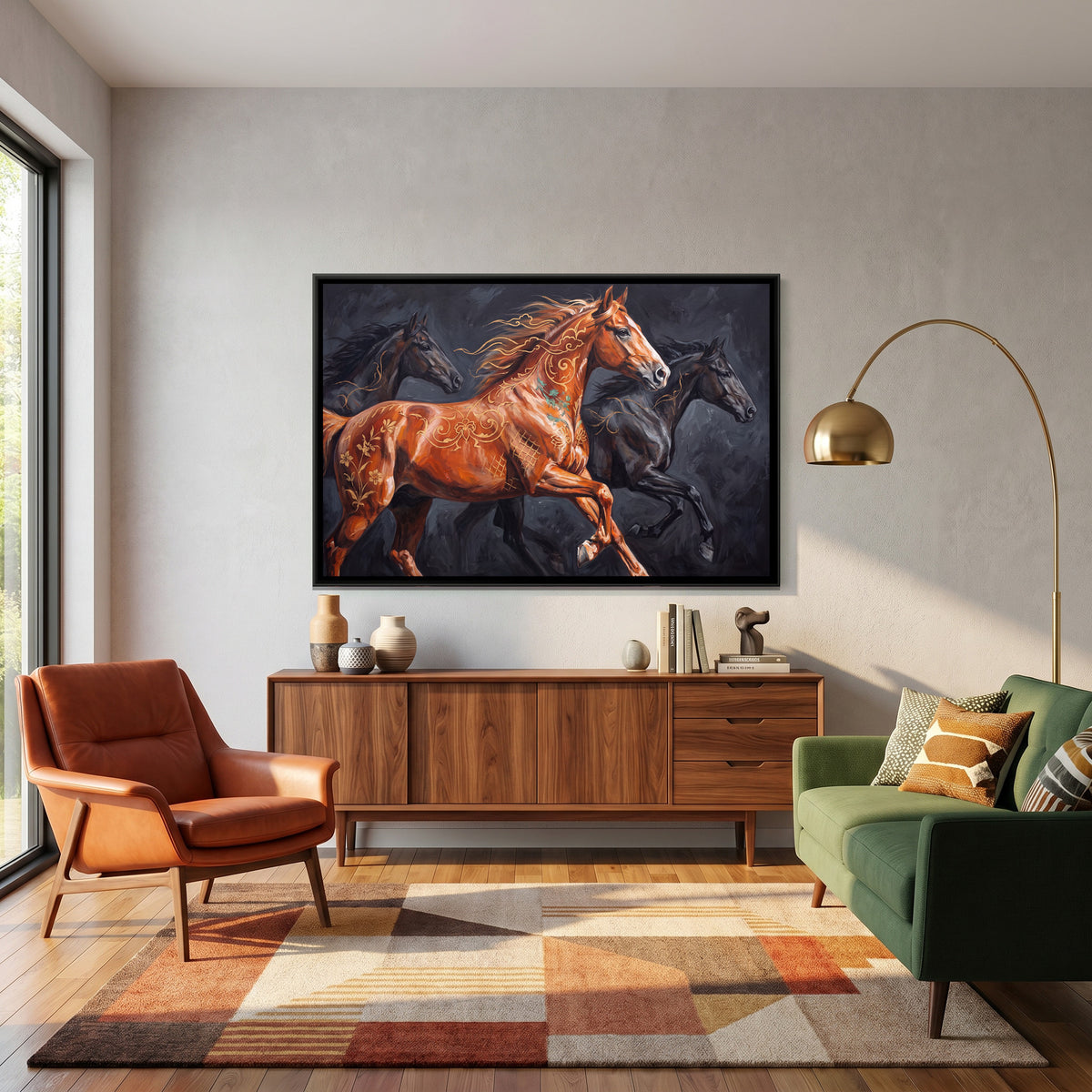 Galloping Horses — canvas art shown in a second room setting