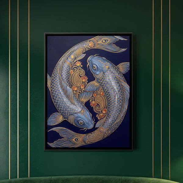 Koi Fish Pair — framed canvas art hung on a wall
