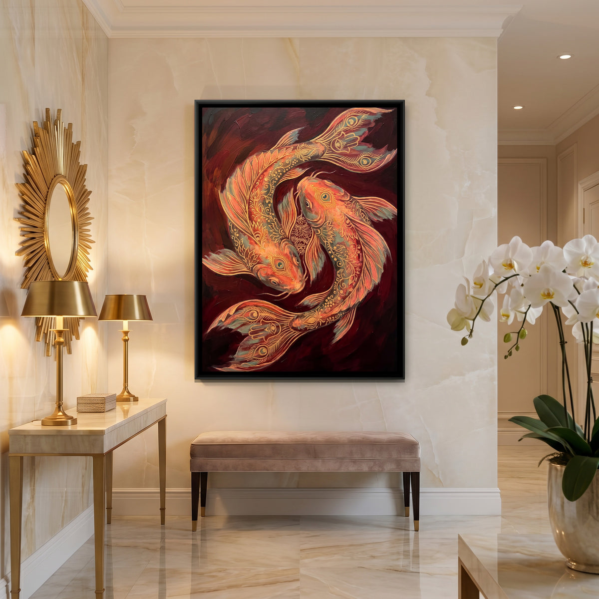 Koi Fish Pair — canvas art shown in a styled room