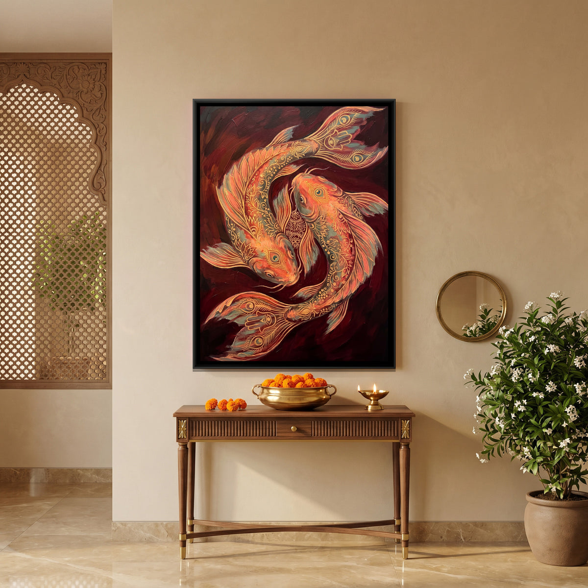 Koi Fish Pair — canvas art shown in a second room setting