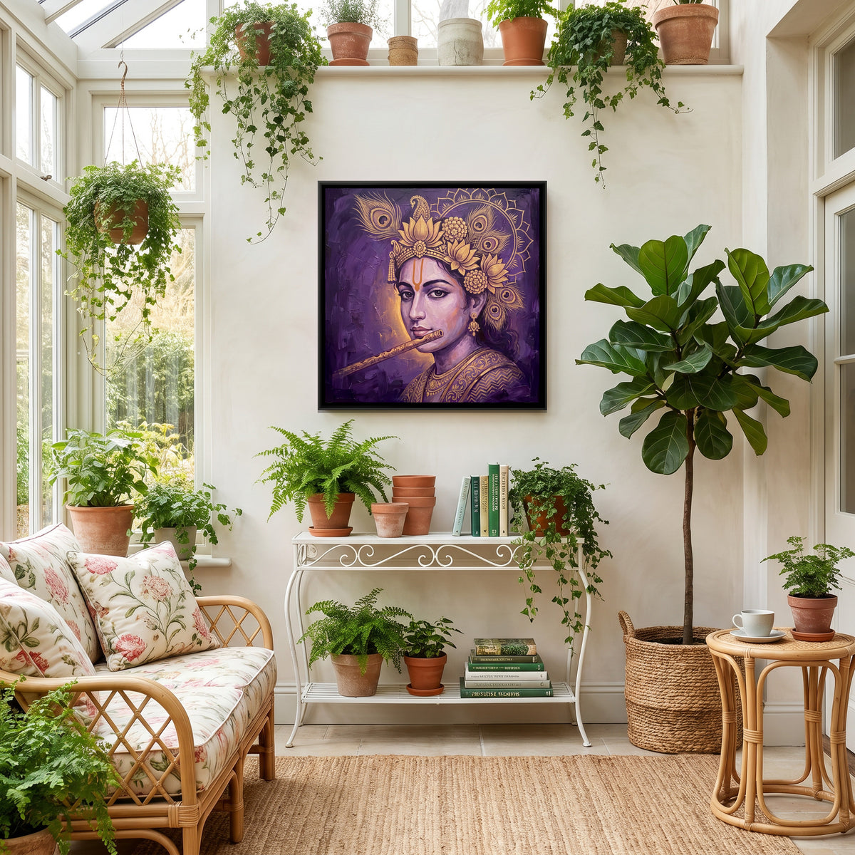 Shri Krishna — canvas art shown in a second room setting