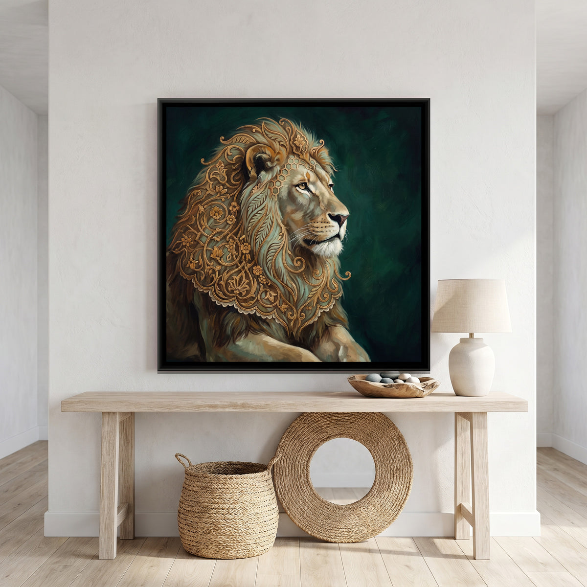 Lion — canvas art shown in a styled room
