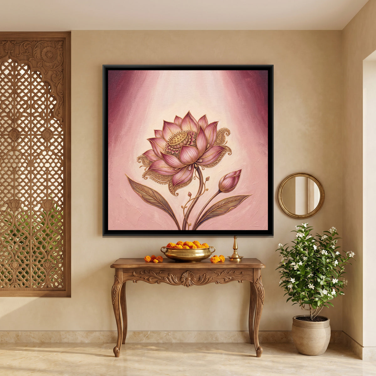 Lotus Flower — canvas art shown in a styled room