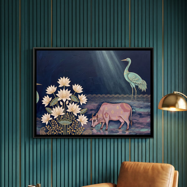 Pichwai Lotus Pond — framed canvas art hung on a wall