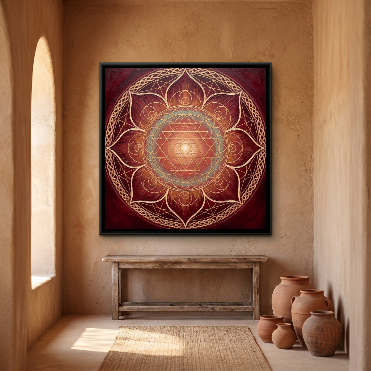Lotus Mandala — canvas art shown in a styled room
