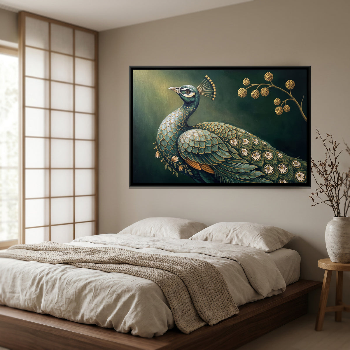 Pichwai Peacock Garden — canvas art shown in a styled room