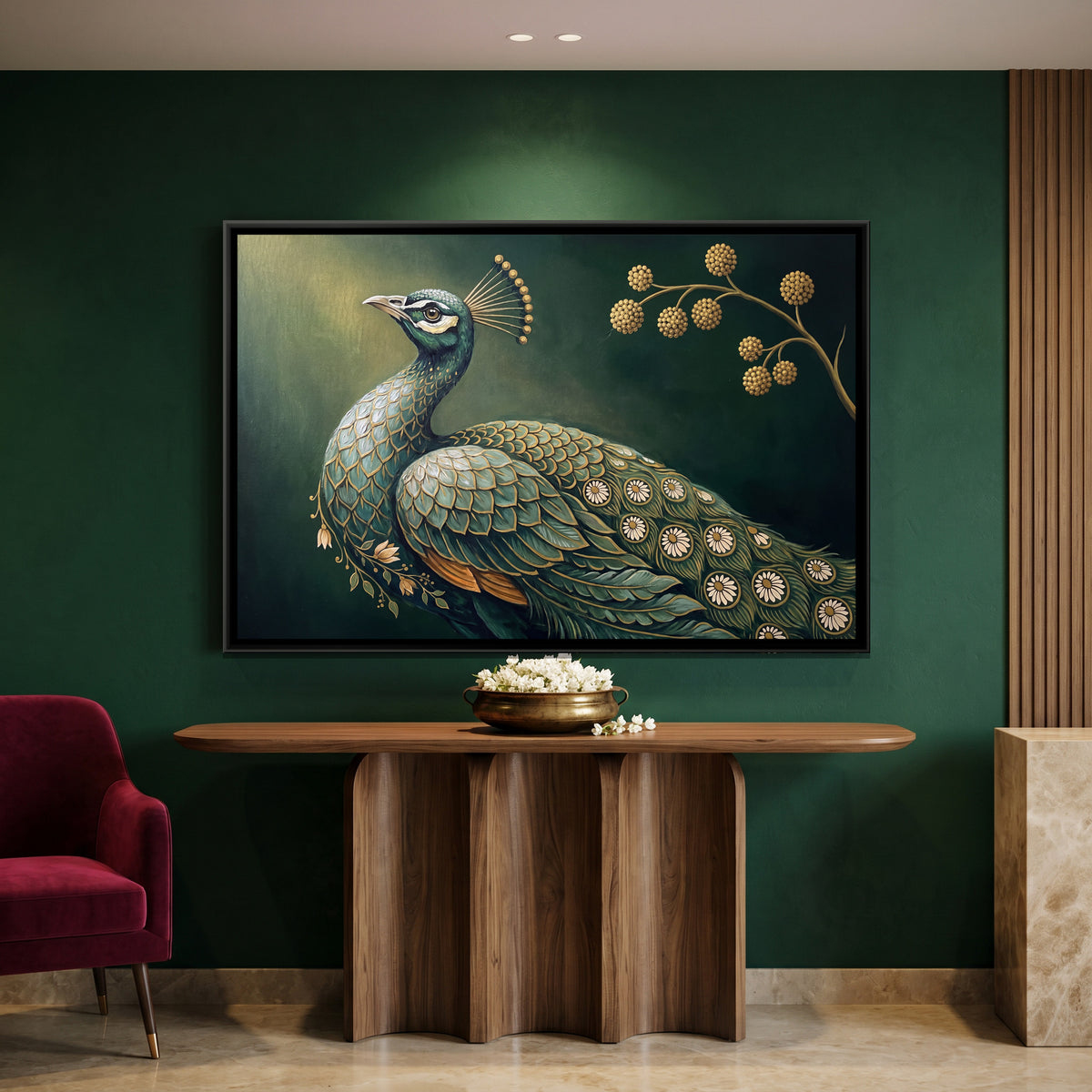 Pichwai Peacock Garden — canvas art shown in a second room setting