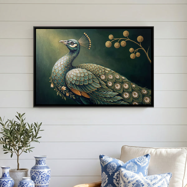 Pichwai Peacock Garden — framed canvas art hung on a wall