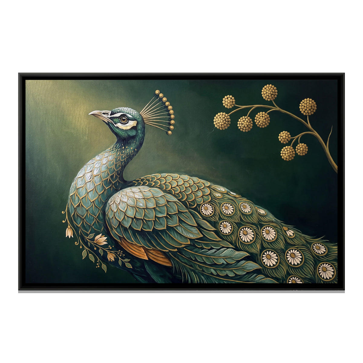 Pichwai Peacock Garden — framed canvas print, front view