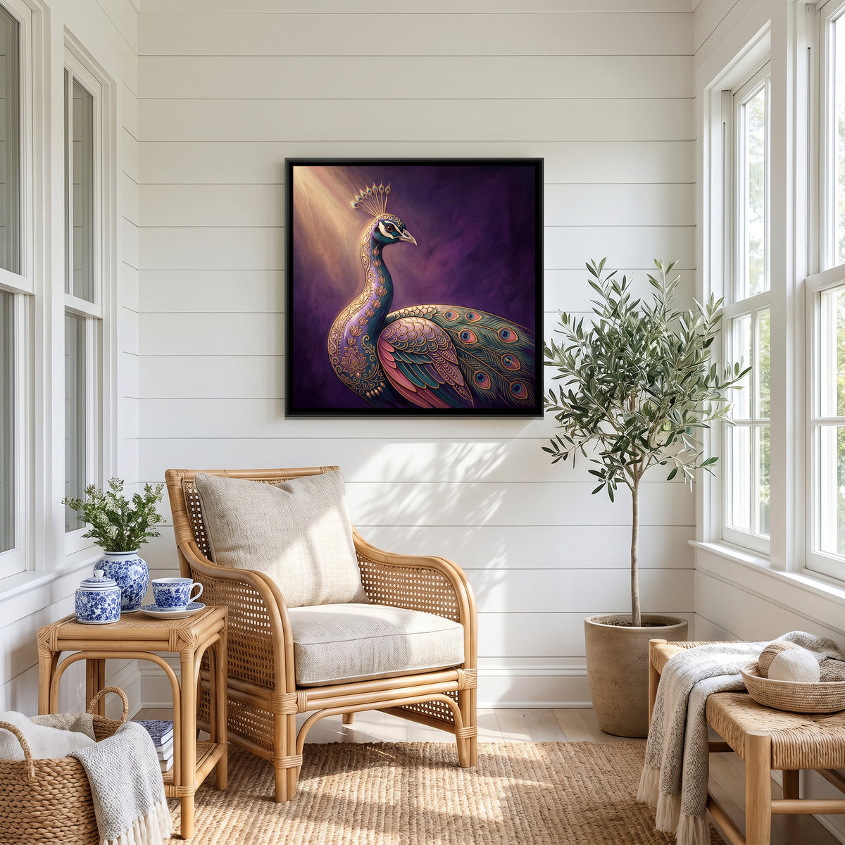 Pichwai Peacock — canvas art shown in a second room setting