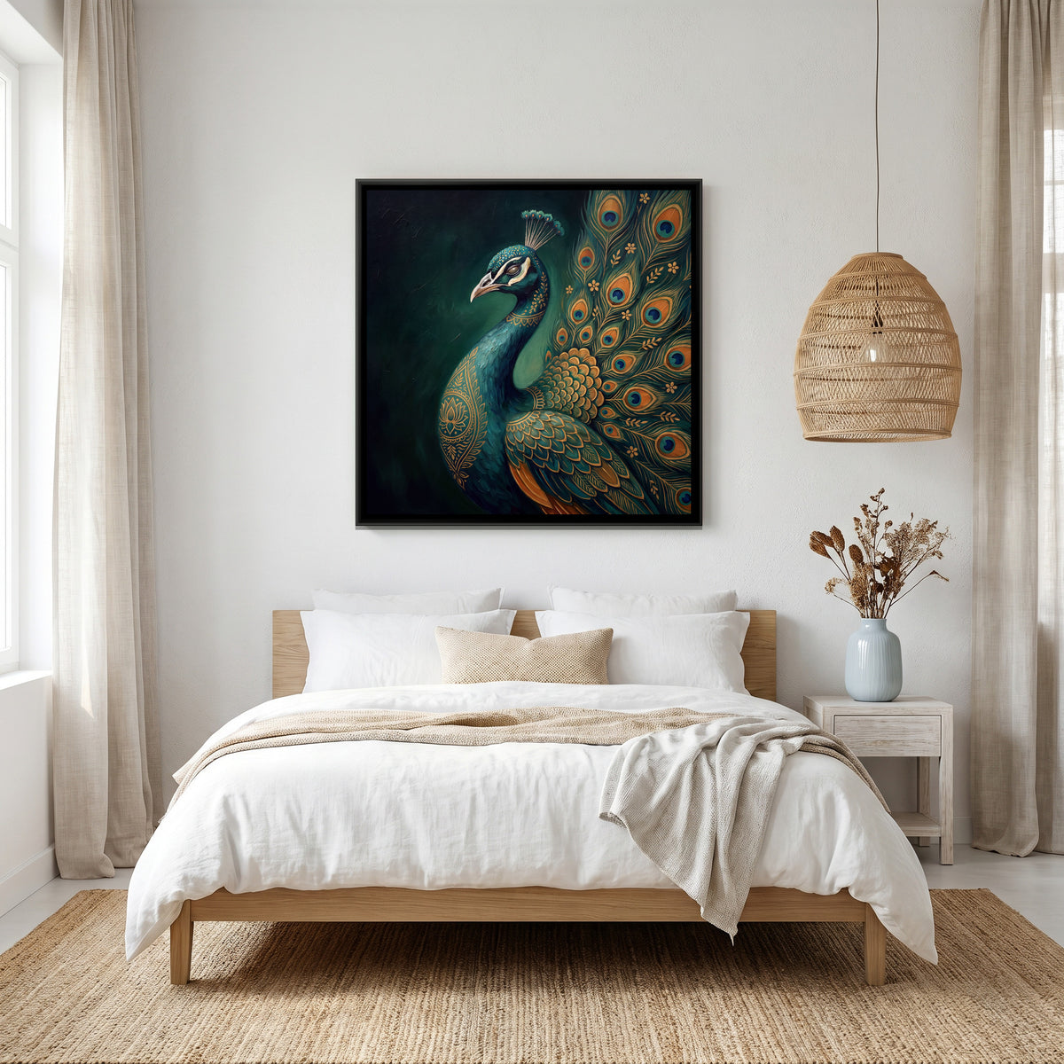 Pichwai Peacock — canvas art shown in a styled room