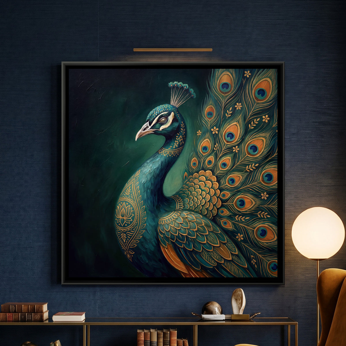 Pichwai Peacock — framed canvas art hung on a wall