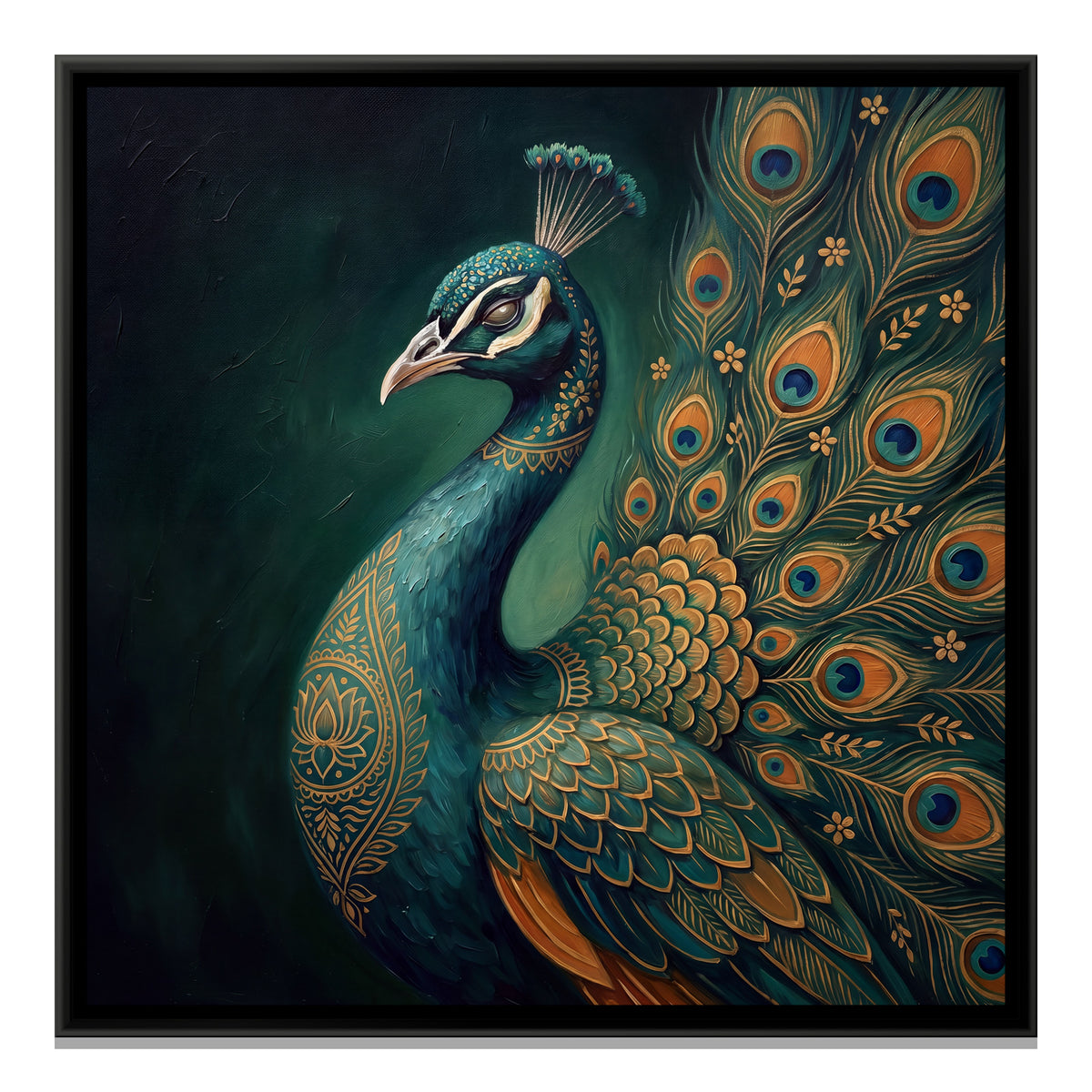 Pichwai Peacock — framed canvas print, front view