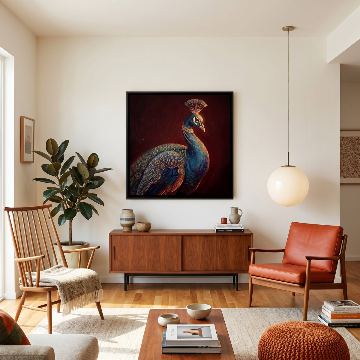 Pichwai Peacock — canvas art shown in a second room setting