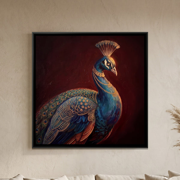 Pichwai Peacock — framed canvas art hung on a wall