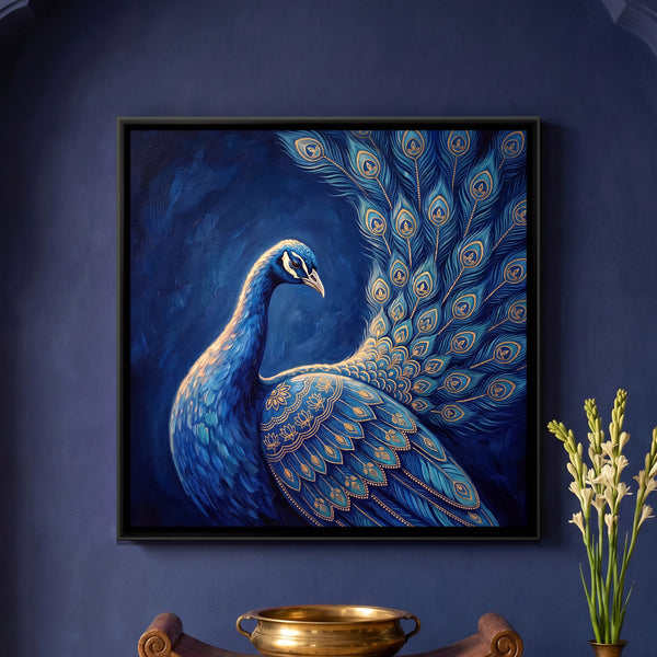 Pichwai Peacock — framed canvas art hung on a wall