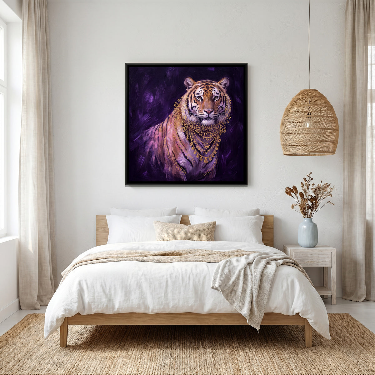 Tiger Portrait — canvas art shown in a styled room