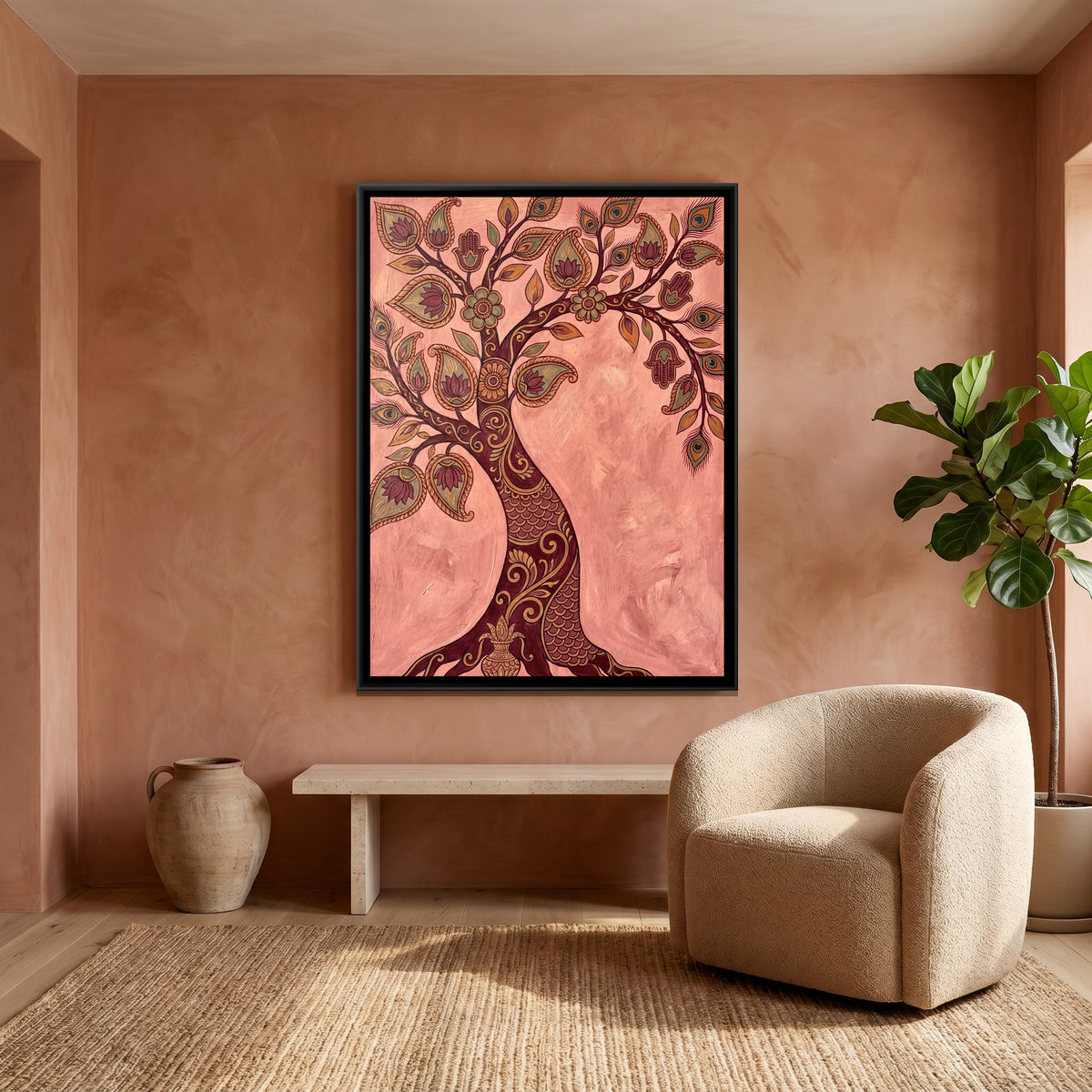 Kalamkari Tree of Life — canvas art shown in a second room setting