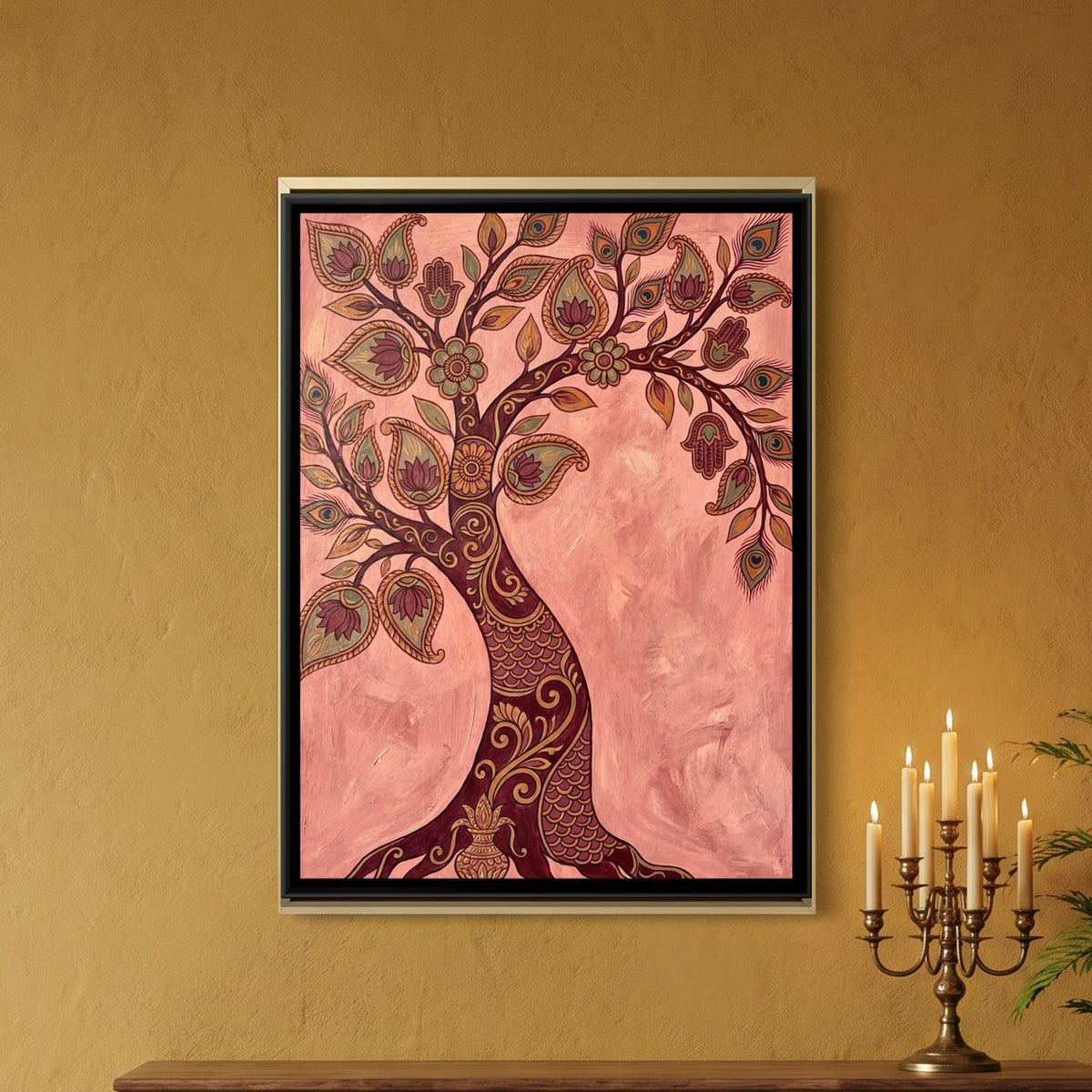 Kalamkari Tree of Life — framed canvas art hung on a wall