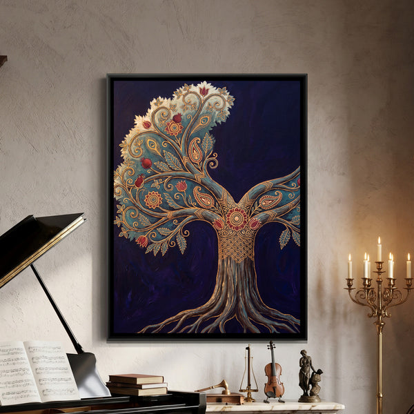 Kalamkari Tree of Life — framed canvas art hung on a wall