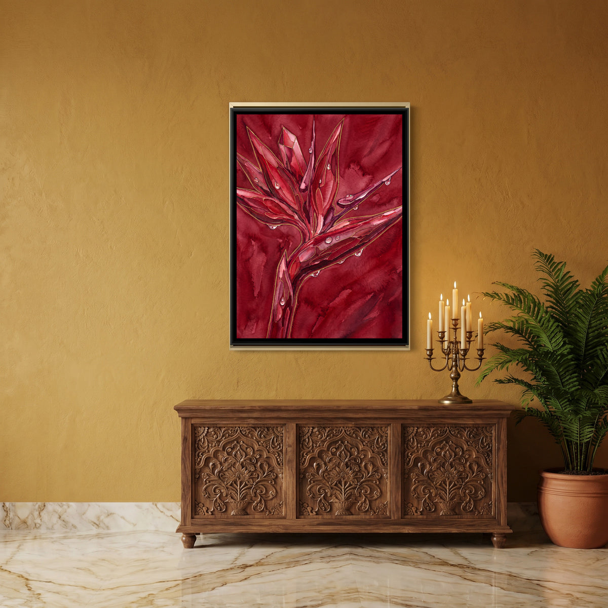 Bird of Paradise Flower — canvas art shown in a second room setting