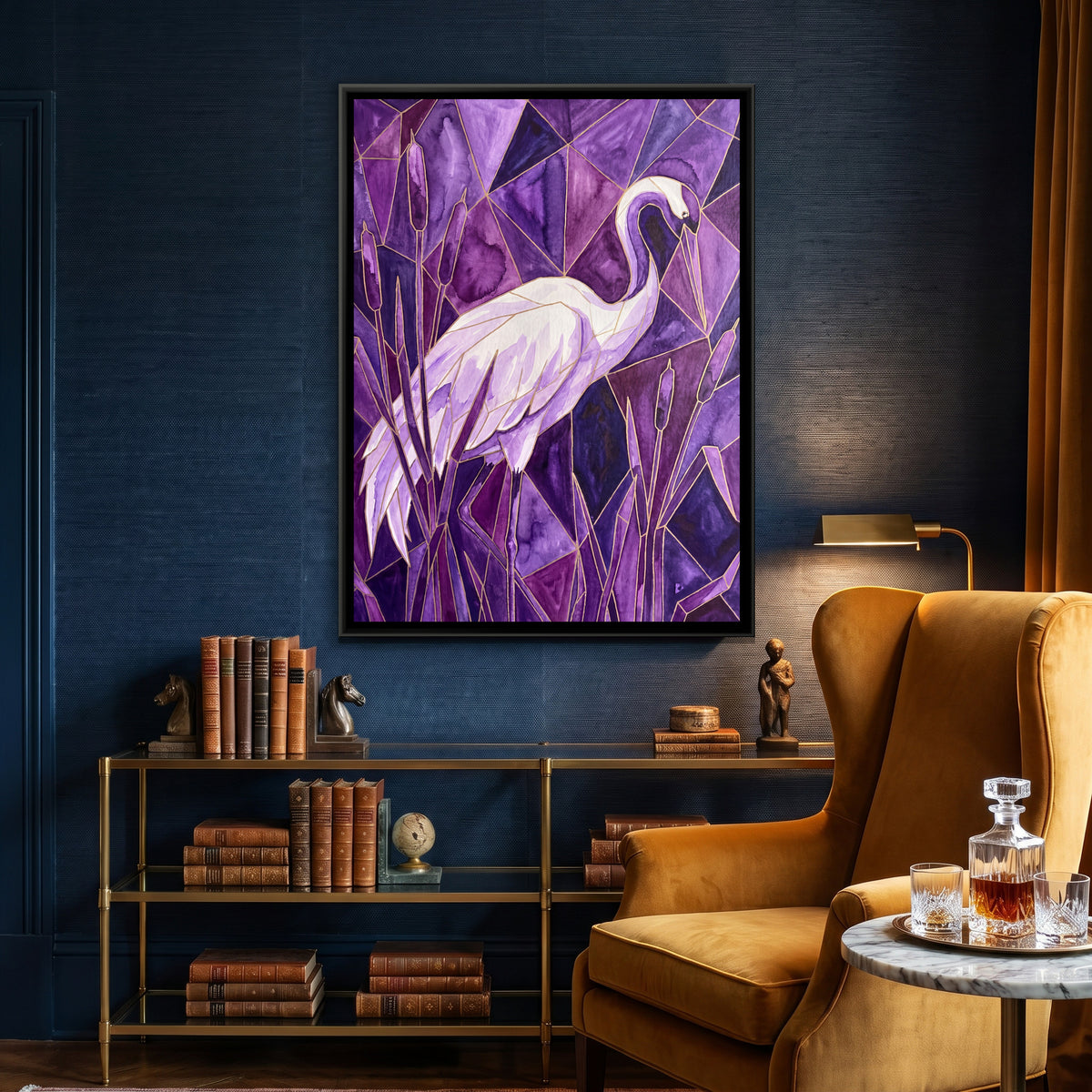 Crane — canvas art shown in a second room setting