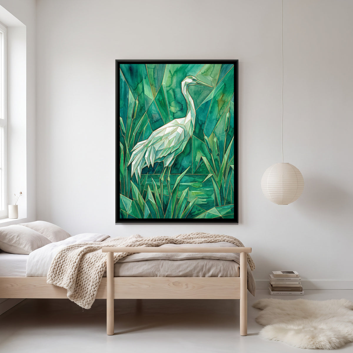 Crane — canvas art shown in a styled room