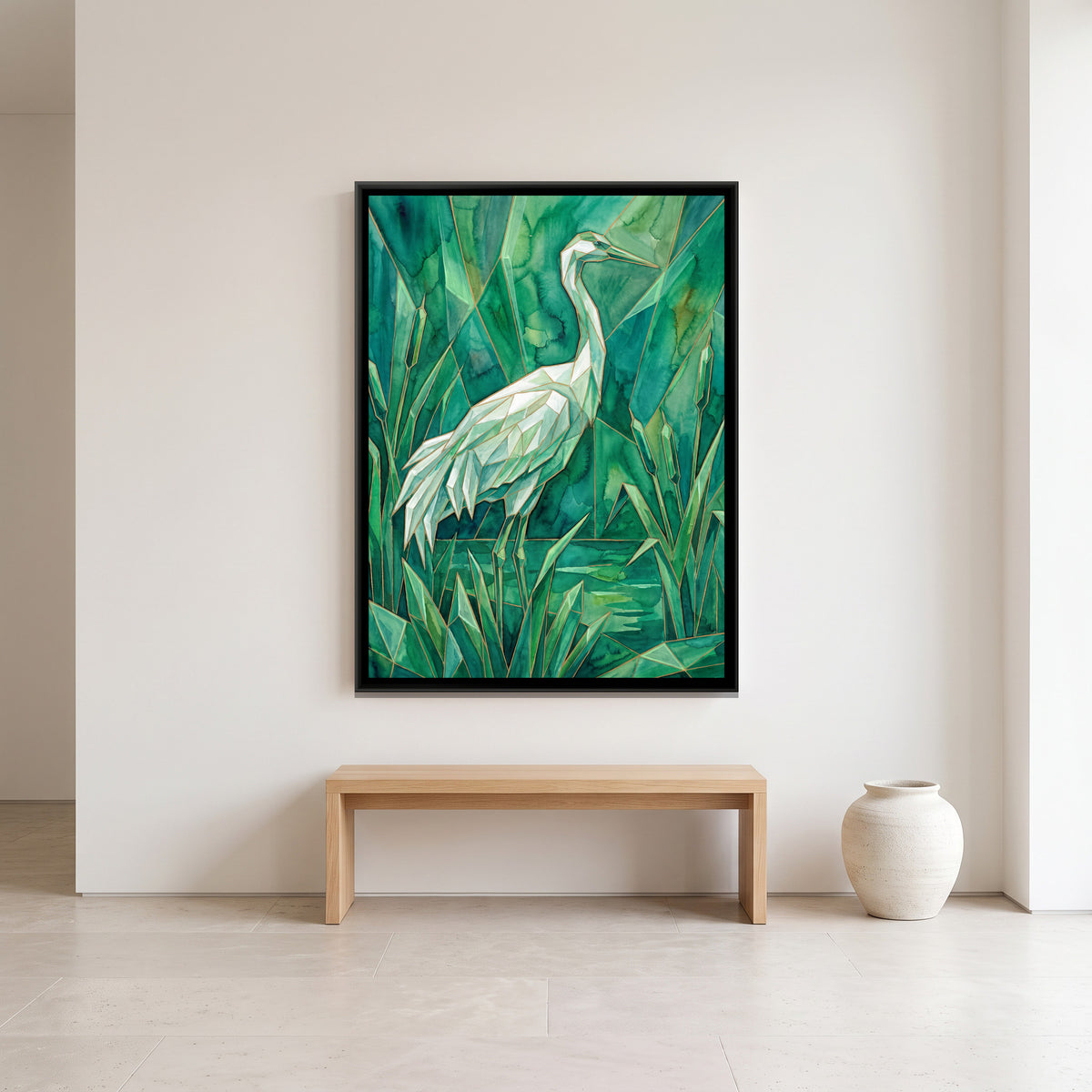 Crane — canvas art shown in a second room setting