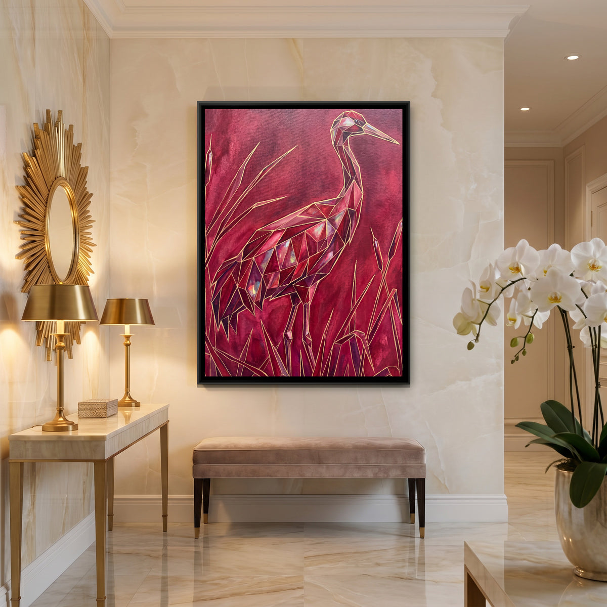 Crane — canvas art shown in a second room setting