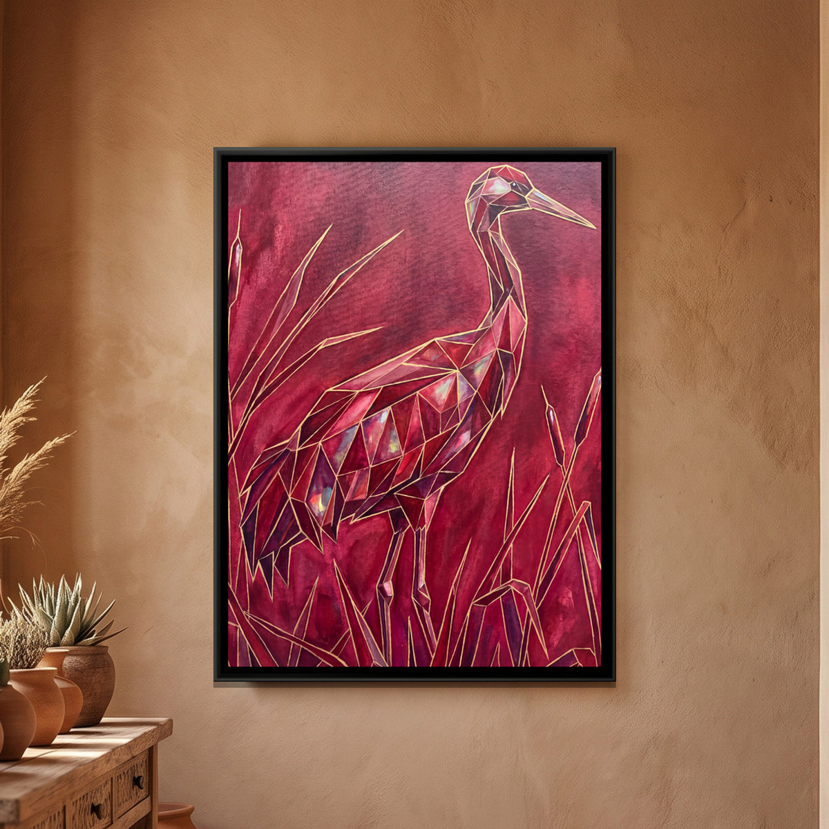 Crane — framed canvas art hung on a wall