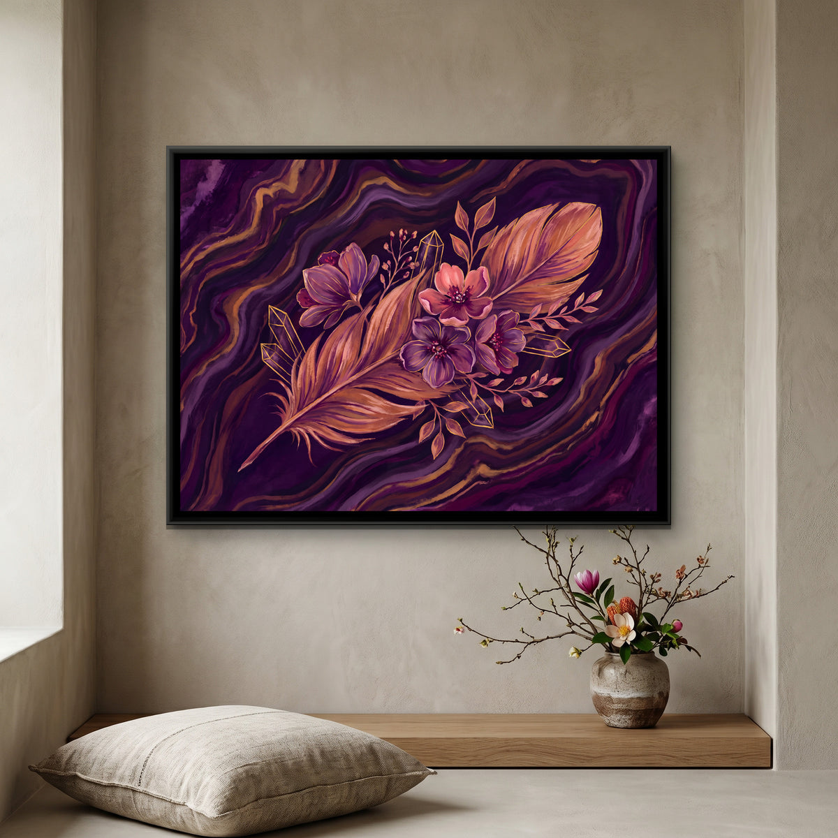 Feather and Flowers — canvas art shown in a second room setting