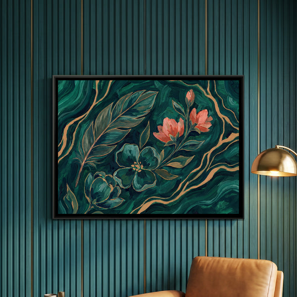 Feather and Flowers — framed canvas art hung on a wall