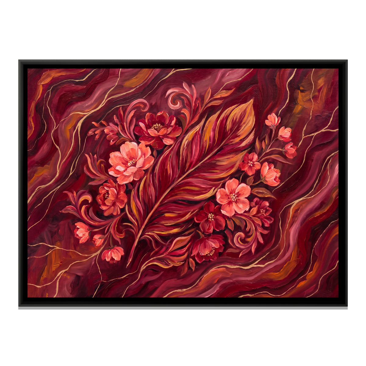 Feather and Flowers — framed canvas print, front view