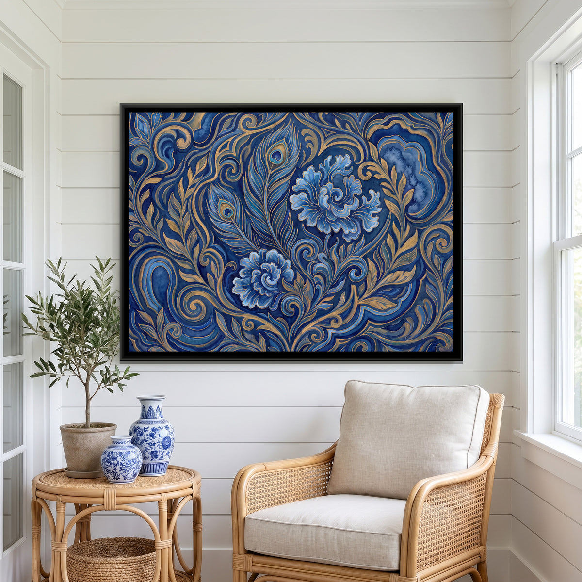 Feather and Flowers — canvas art shown in a second room setting