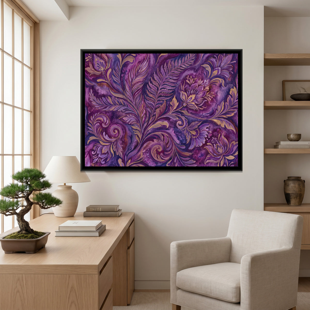 Ferns and Flowers — canvas art shown in a styled room