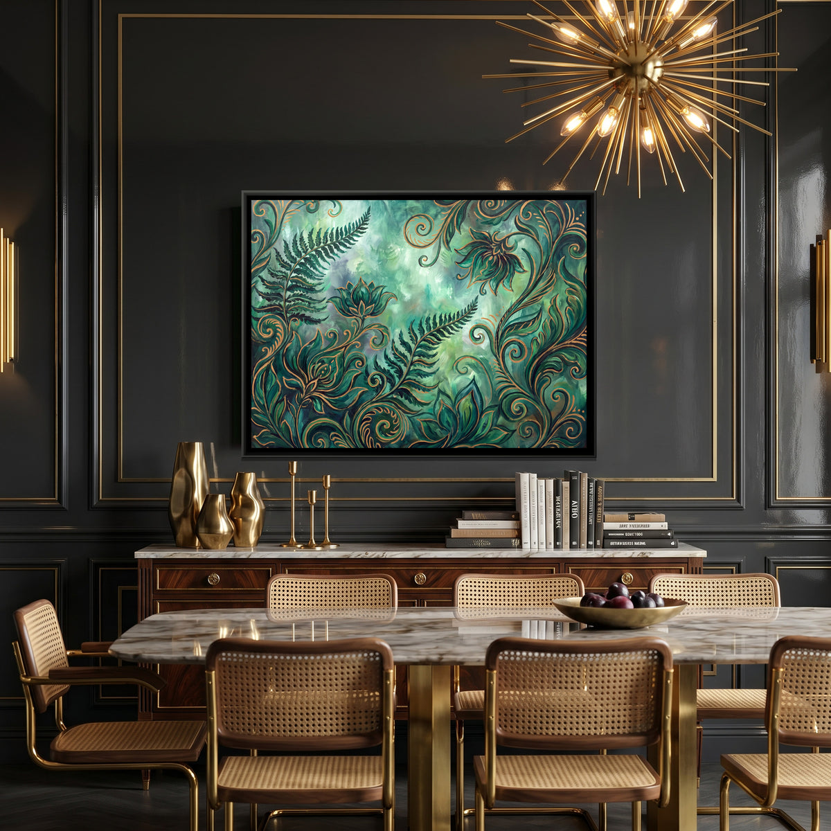 Ferns and Flowers — canvas art shown in a styled room
