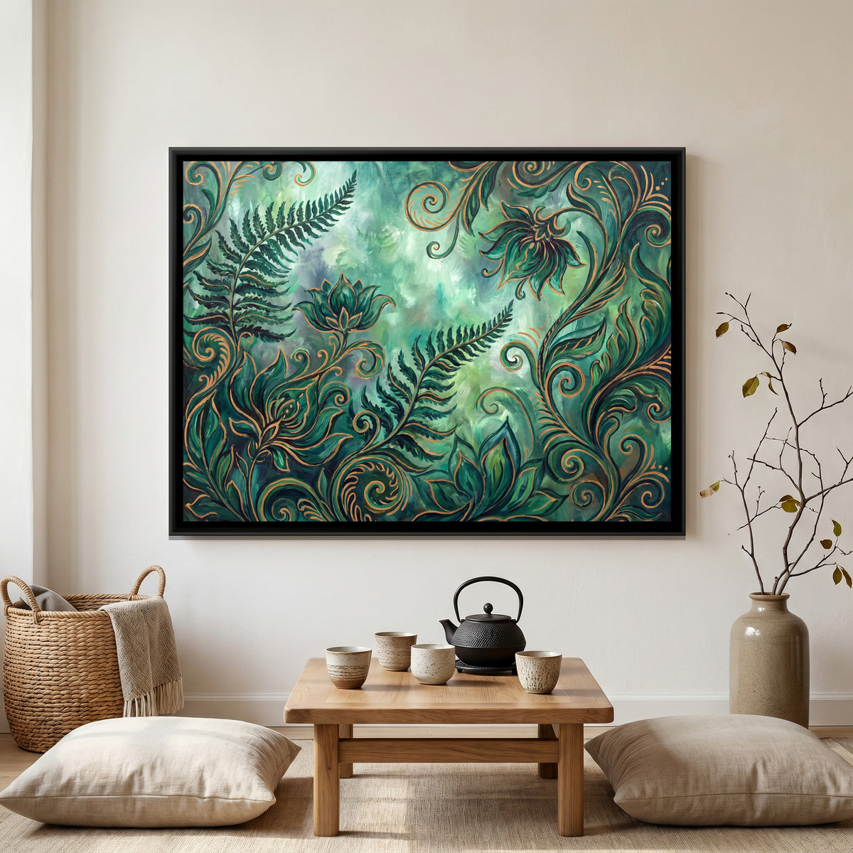 Ferns and Flowers — canvas art shown in a second room setting