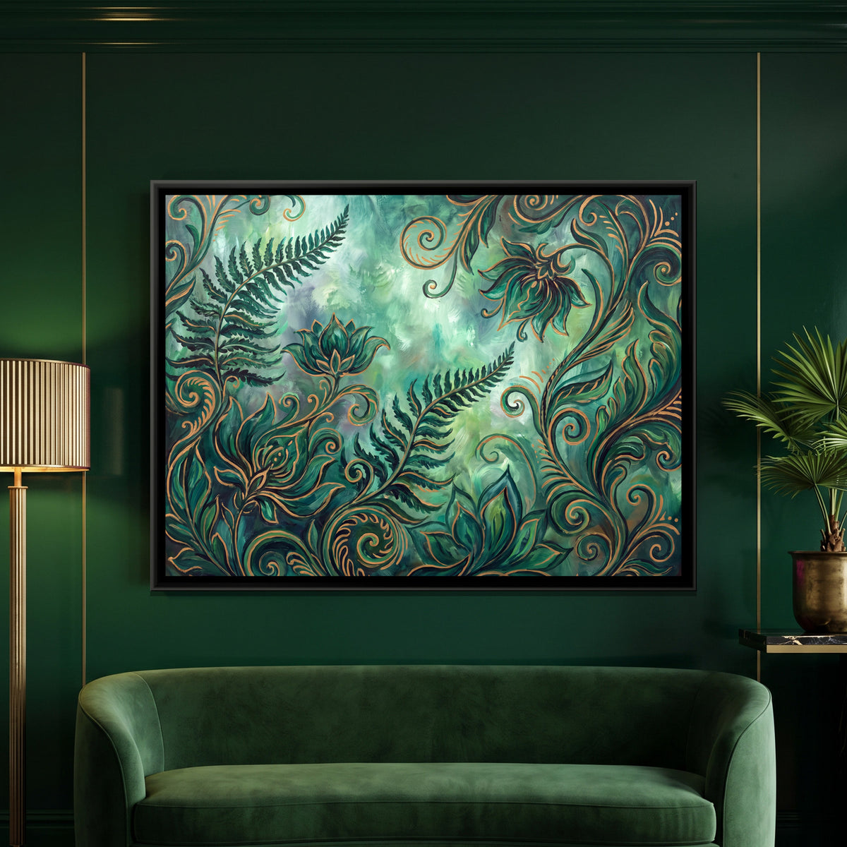 Ferns and Flowers — framed canvas art hung on a wall