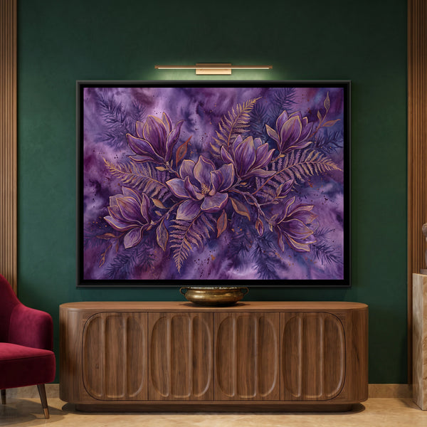 Magnolia and Ferns — framed canvas art hung on a wall