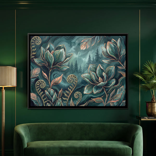 Magnolia and Ferns — framed canvas art hung on a wall