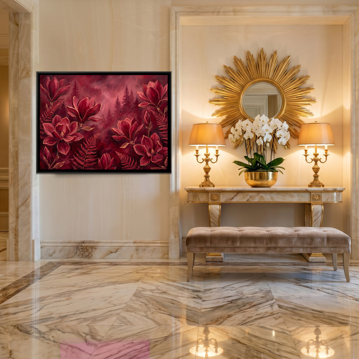 Magnolia and Ferns — canvas art shown in a second room setting