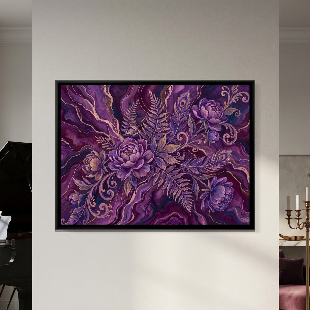 Peonies on Marble — framed canvas art hung on a wall