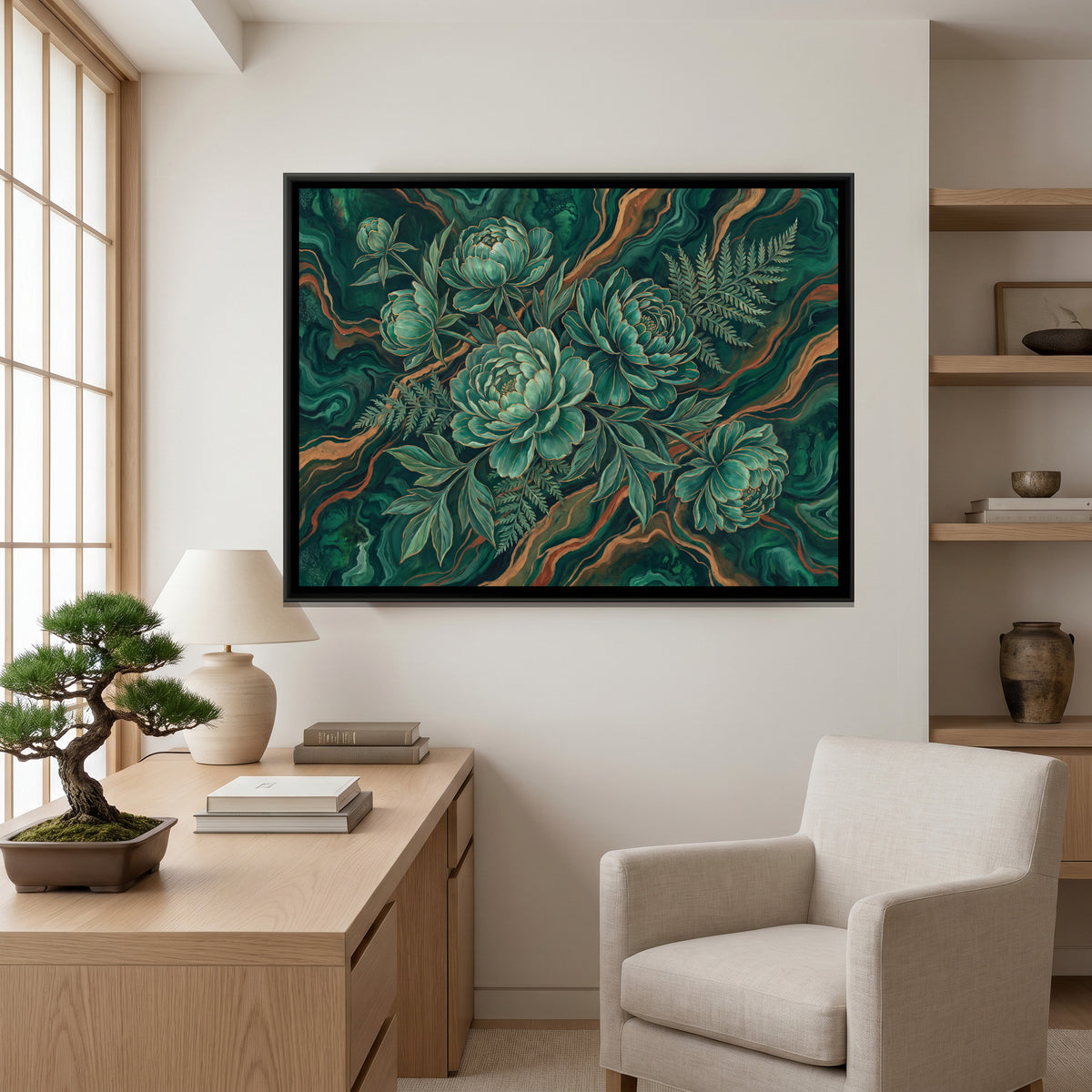 Peonies on Marble — canvas art shown in a styled room