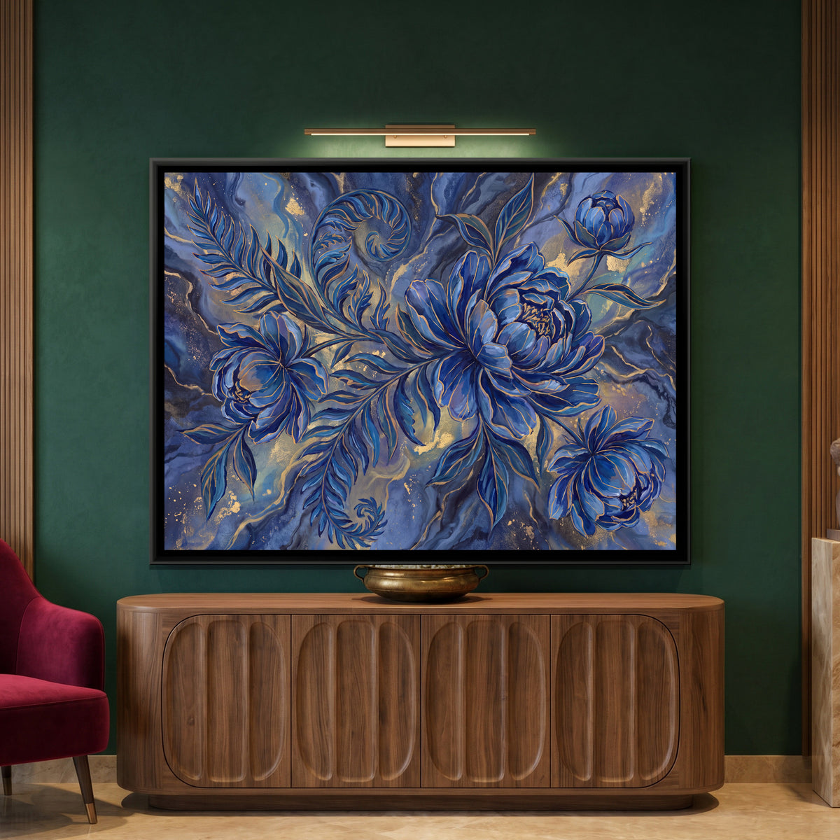 Peonies on Marble — framed canvas art hung on a wall