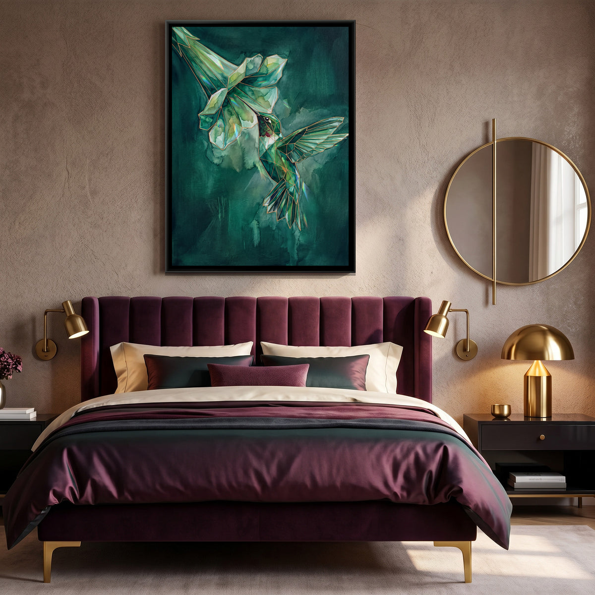 Hummingbird — canvas art shown in a second room setting
