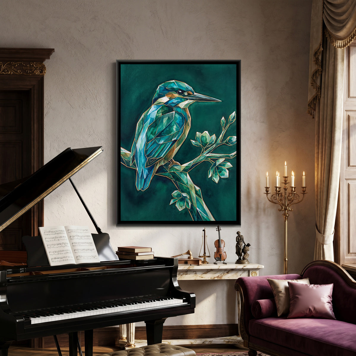 Kingfisher — canvas art shown in a styled room